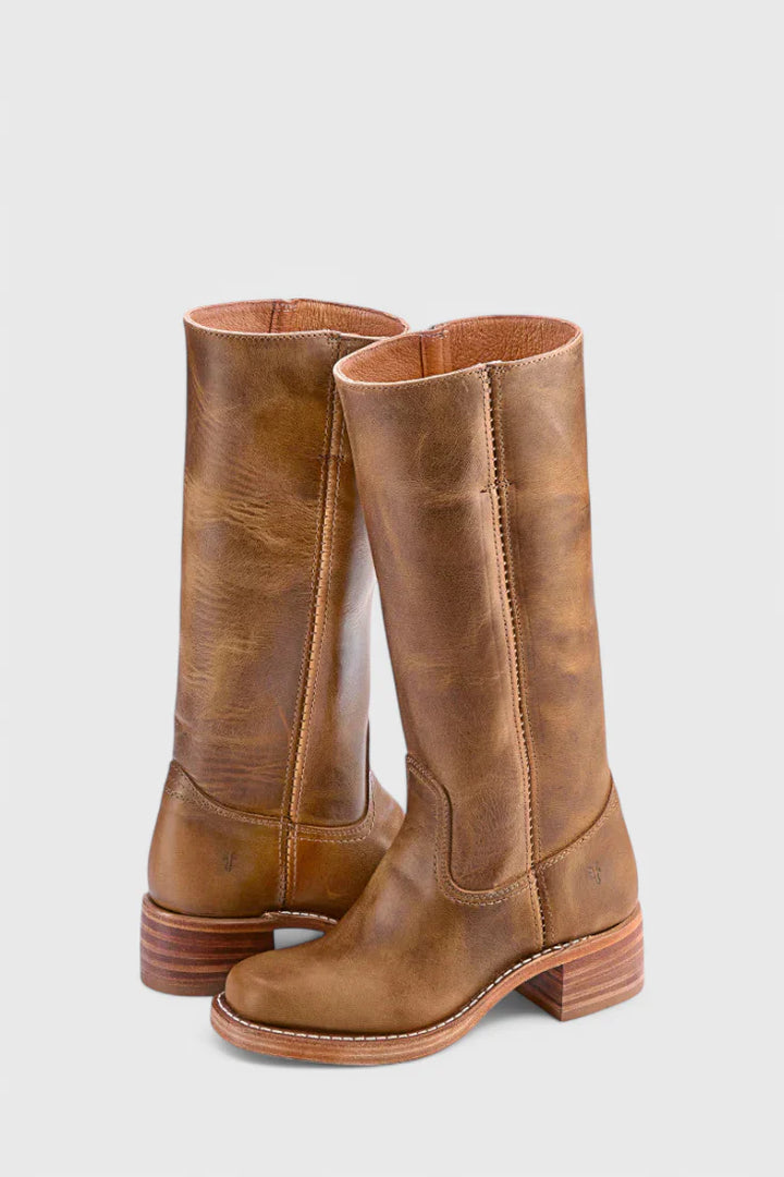 Rear view of knee-high heeled boots displaying block heel and structured silhouette