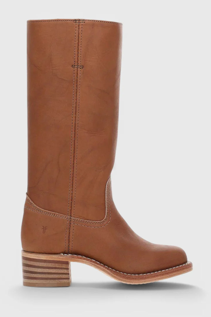 Women's knee-high heeled boots in brown colourway with block heel construction