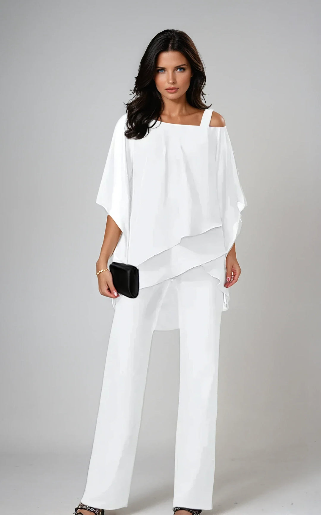 Women's cold shoulder two-piece set with layered top and wide-leg trousers in white
