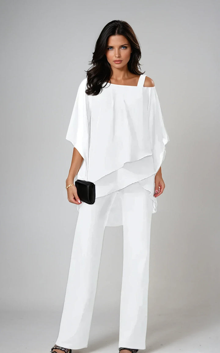 Women's cold shoulder two-piece set with layered top and wide-leg trousers in white