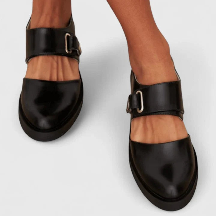 Close-up view of Modern Cut-Out Buckle Mary Jane Shoes showing smooth finish and structured buckle detail