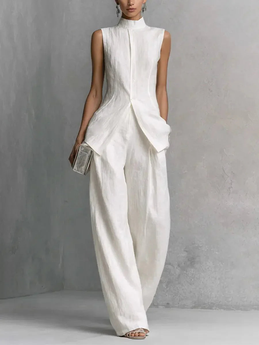 Women's Cotton-Linen Stand-Collar Wide-Leg Two-Piece Set with sleeveless top and flowing wide-leg trousers in white