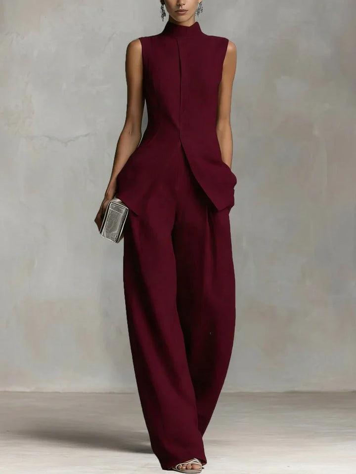 Full styling of Women's Cotton-Linen Stand-Collar Wide-Leg Two-Piece Set demonstrating versatile occasion wear