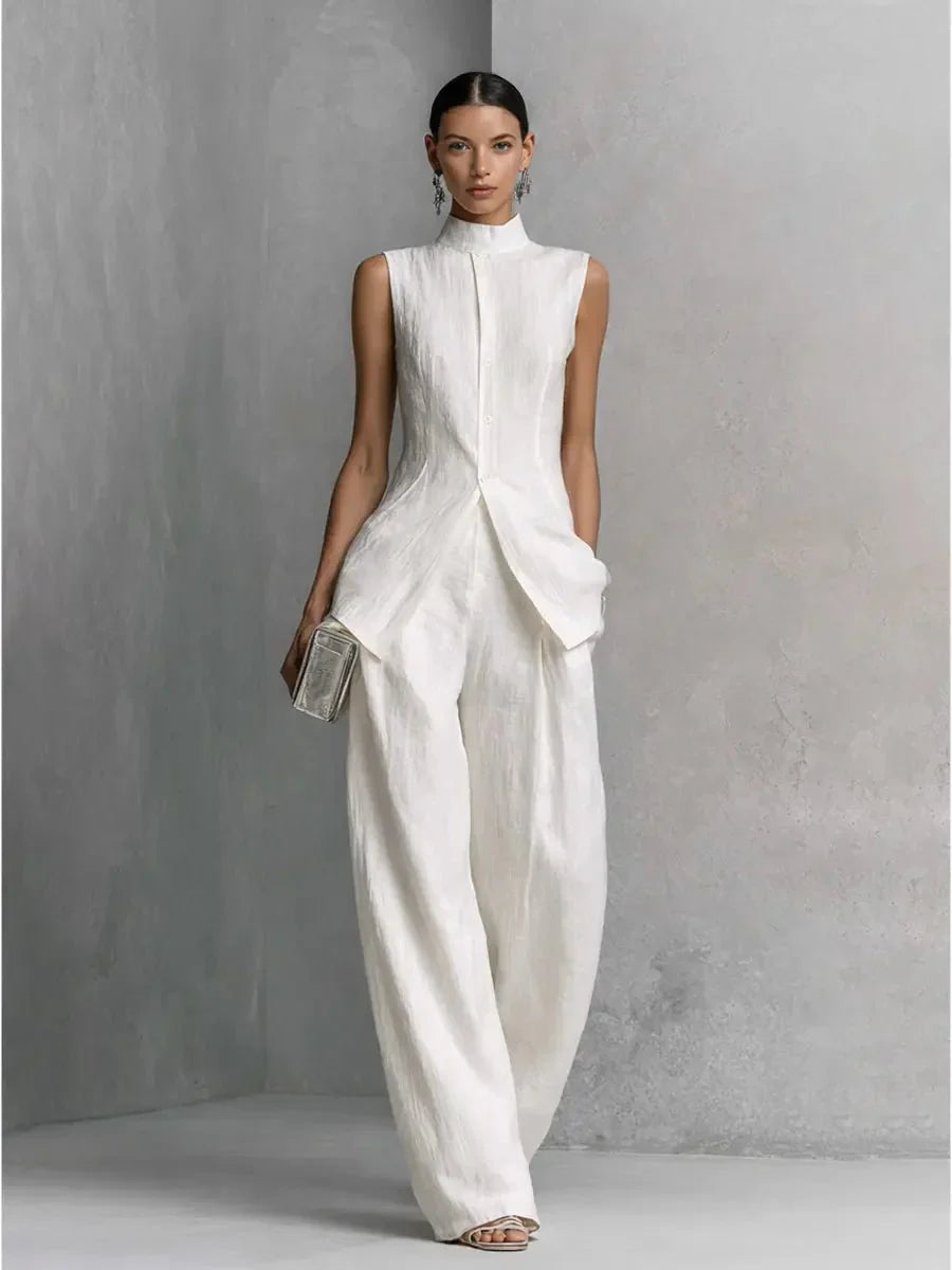 Front view of Women's Cotton-Linen Stand-Collar Wide-Leg Two-Piece Set showing structured stand collar and high-low hem