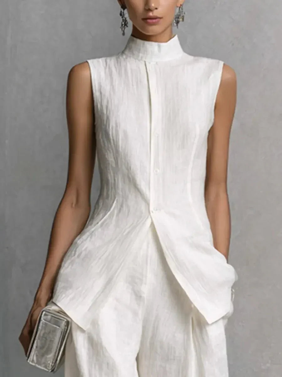 Full-length view of Women's Cotton-Linen Stand-Collar Wide-Leg Two-Piece Set styled with heeled sandals