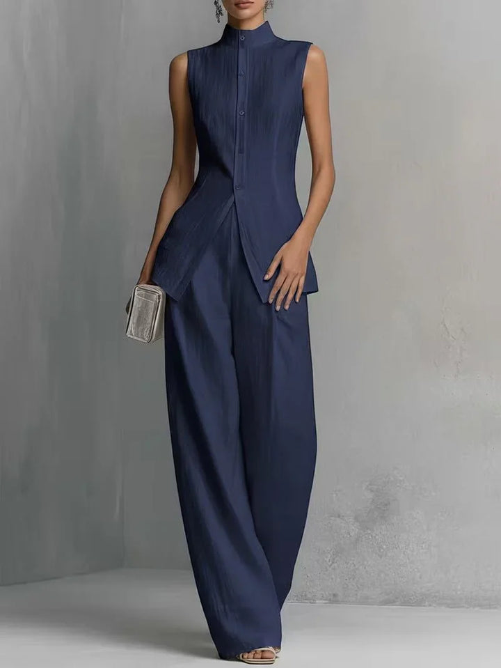 Alternative angle of Women's Cotton-Linen Stand-Collar Wide-Leg Two-Piece Set highlighting architectural silhouette