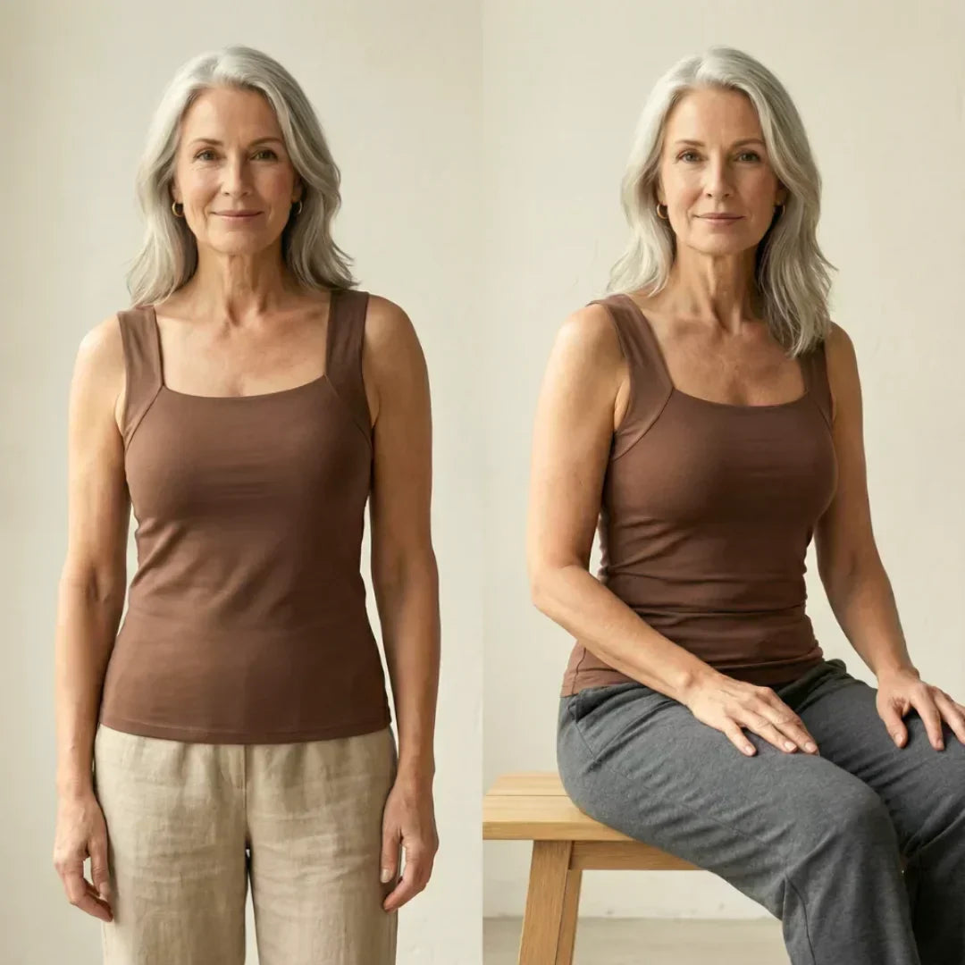 Front view of square neck tank in beige showing flattering neckline and body-skimming fit