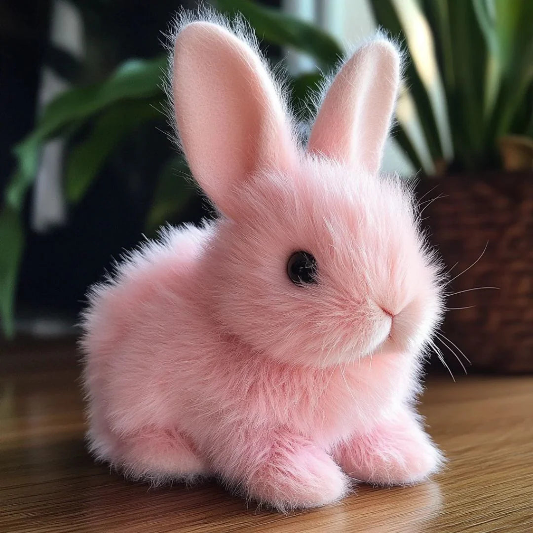 Interactive plush bunny toy in pink with upright ears and soft synthetic fur on wooden surface