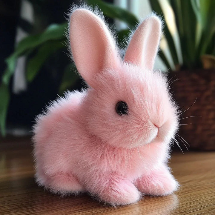Interactive plush bunny toy in pink with upright ears and soft synthetic fur on wooden surface