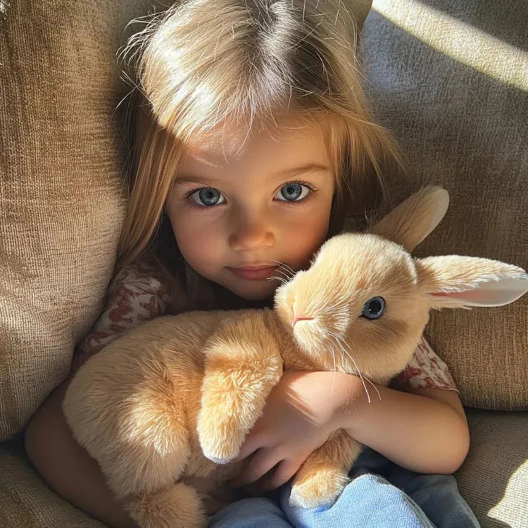 Close-up view of interactive plush bunny toy showing realistic facial features and fluffy texture