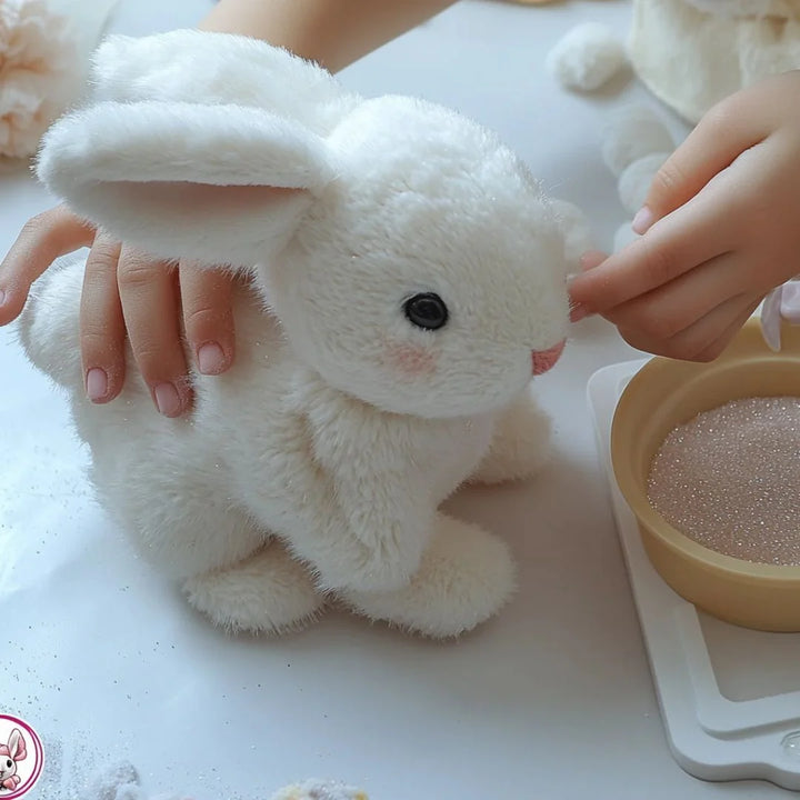 Side profile of interactive plush bunny toy displaying lifelike ear positioning and soft plush body