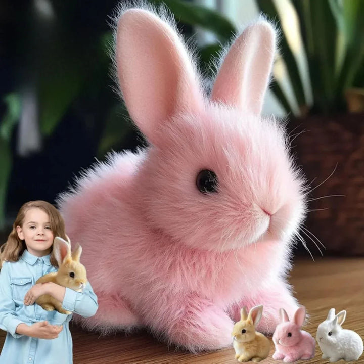 Detail shot of interactive plush bunny toy highlighting soft synthetic fur and charming appearance