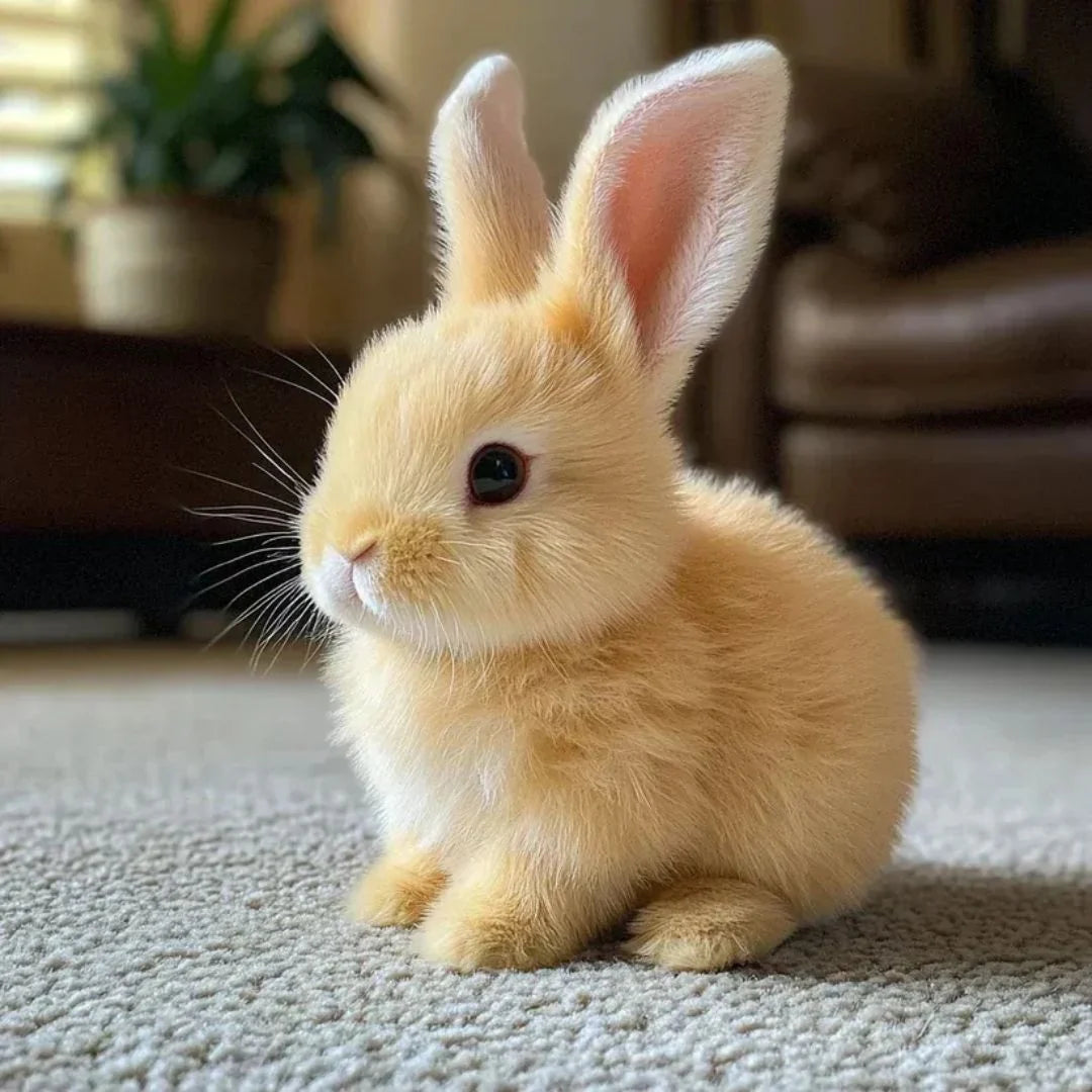 Interactive plush bunny toy positioned on floor showing realistic hopping posture and movement capability