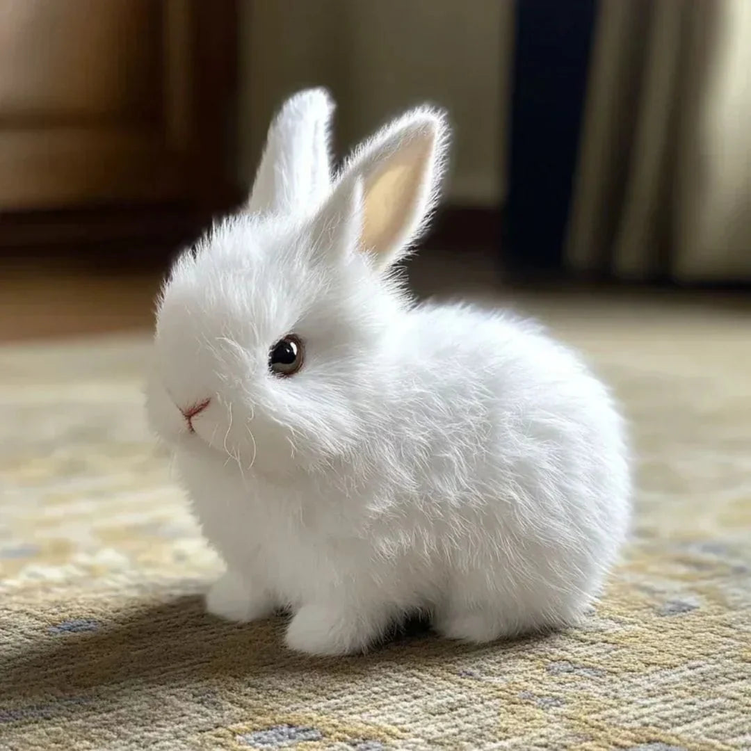 Front view of interactive plush bunny toy with visible ear wiggling mechanism and plush covering