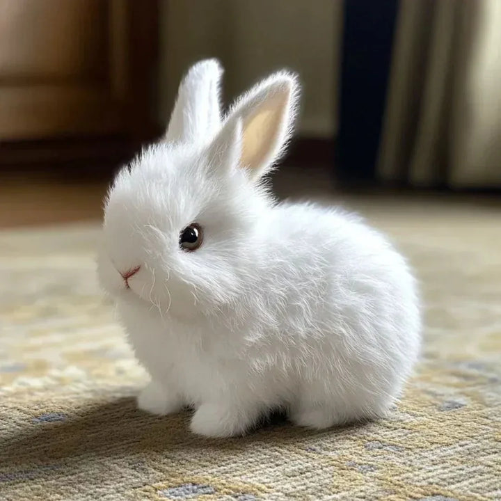 Front view of interactive plush bunny toy with visible ear wiggling mechanism and plush covering