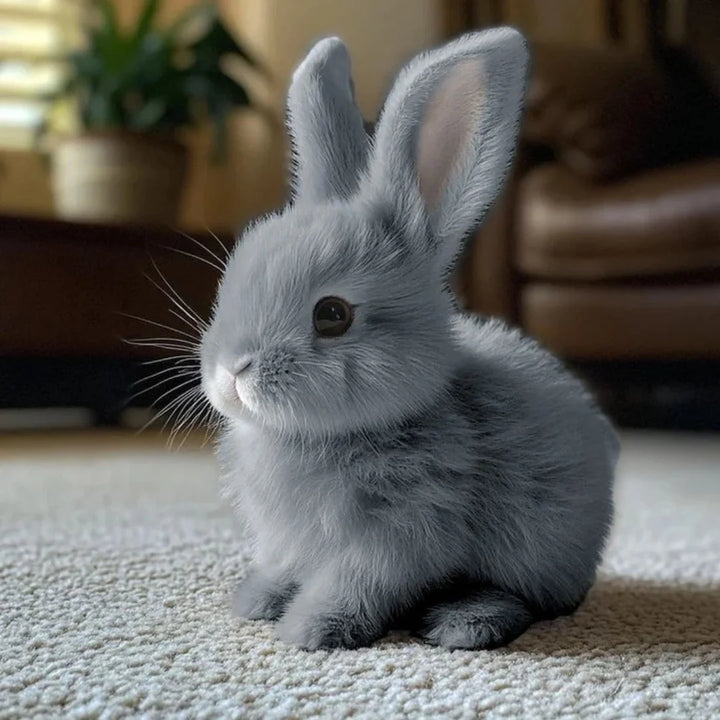 Interactive plush bunny toy in home setting illustrating decorative and playful dual function