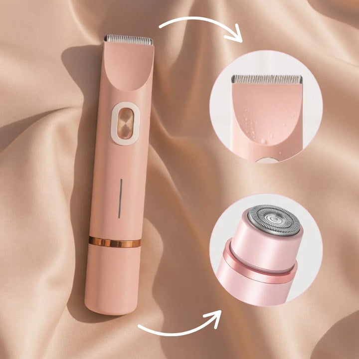 Men's electric body trimmer in rose gold with dual interchangeable grooming heads displayed on beige fabric