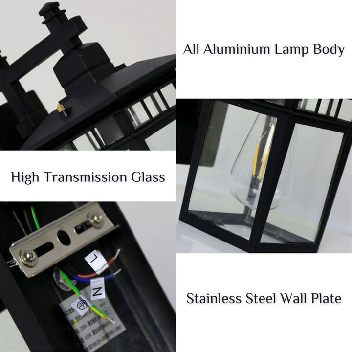 Close-up of outdoor waterproof lantern wall light hand-painted aluminium finish and glass panel construction