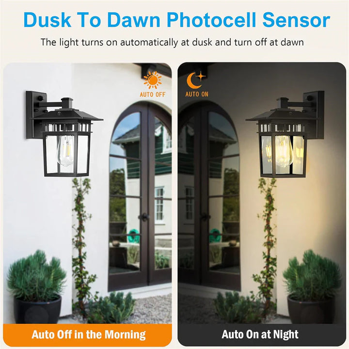 Outdoor waterproof lantern wall light mounted on porch pillar providing welcoming entrance illumination