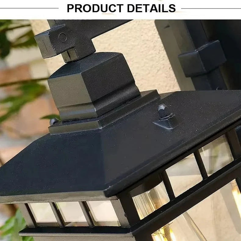 Detail of outdoor waterproof lantern wall light E27 bulb holder visible through clear glass sides