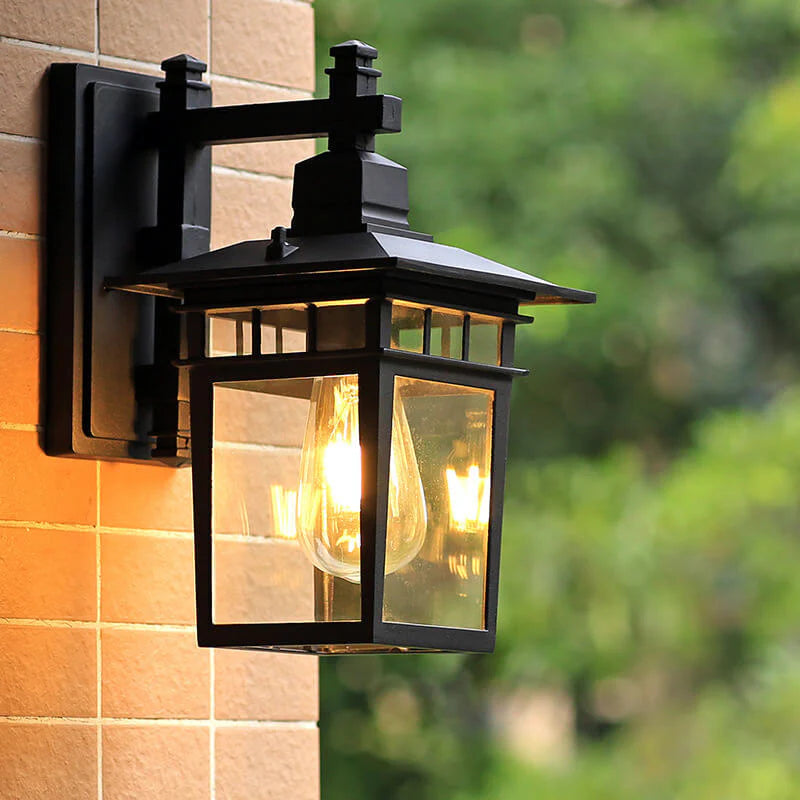 Overhead view of outdoor waterproof lantern wall light showing rectangular lantern housing and mounting hardware