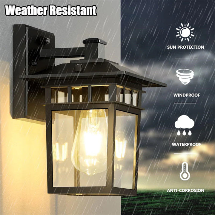 Outdoor waterproof lantern wall light in garden setting illuminating pathway with soft warm light