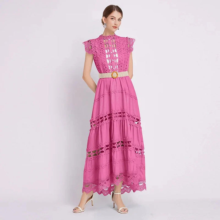 Lace maxi dress with tiered skirt and scalloped hem detail worn with contrast belt