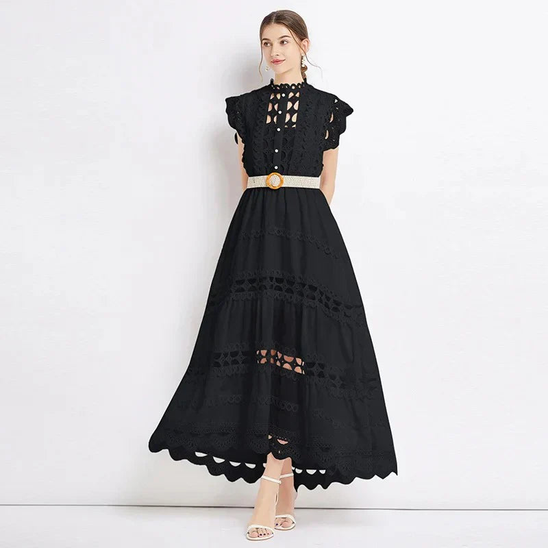 Close-up view of intricate floral lace bodice and ruffled cap sleeves on maxi dress