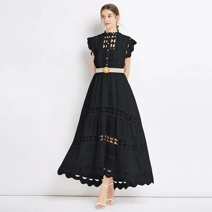 Close-up view of intricate floral lace bodice and ruffled cap sleeves on maxi dress