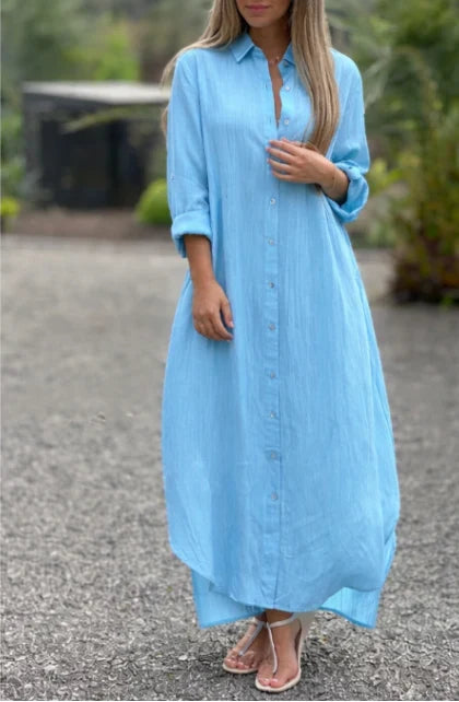 Women's shirt maxi dress in light blue with button-down front and collared neckline