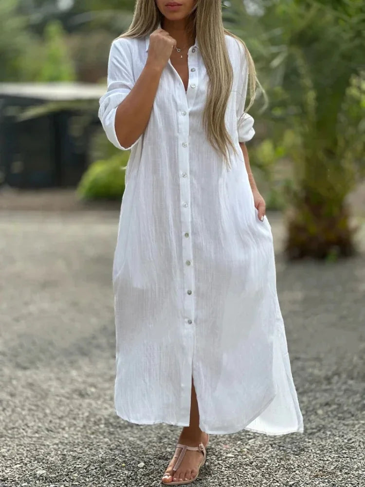 Relaxed fit shirt maxi dress with three-quarter sleeves and flowing silhouette