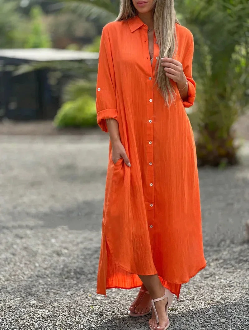 Ankle-length button-down dress in soft fabric with classic collar detail