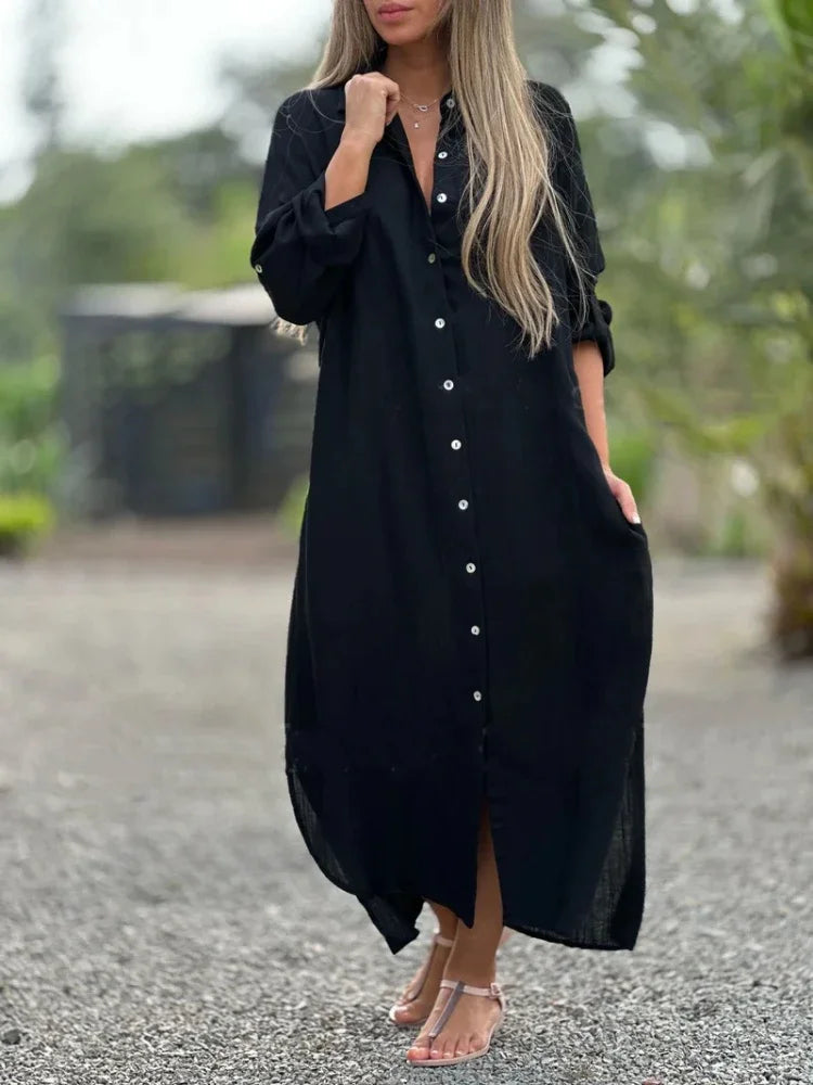 Casual maxi shirt dress styled with sandals for effortless summer wear