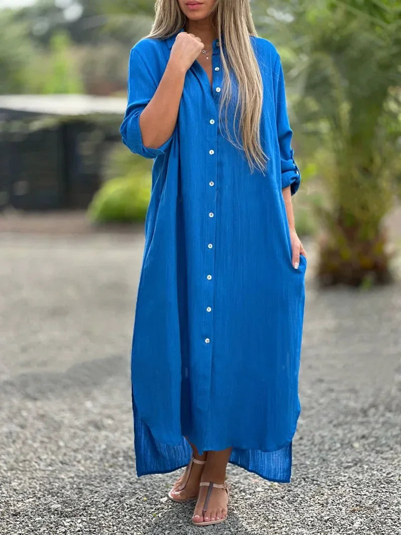 Women's collared maxi dress in light blue featuring three-quarter sleeves