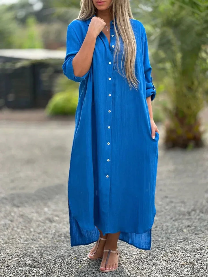 Women's collared maxi dress in light blue featuring three-quarter sleeves