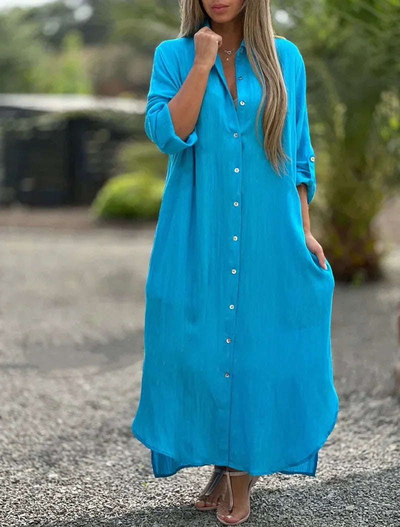Flowing shirt dress with button-down front and comfortable loose fit
