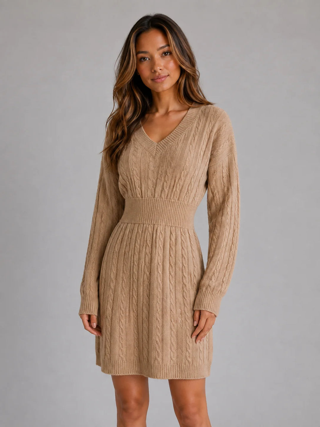 Women's Cable Knit Midi Dress – V-Neck Shirred Waist Fit in beige with textured cable pattern and long sleeves