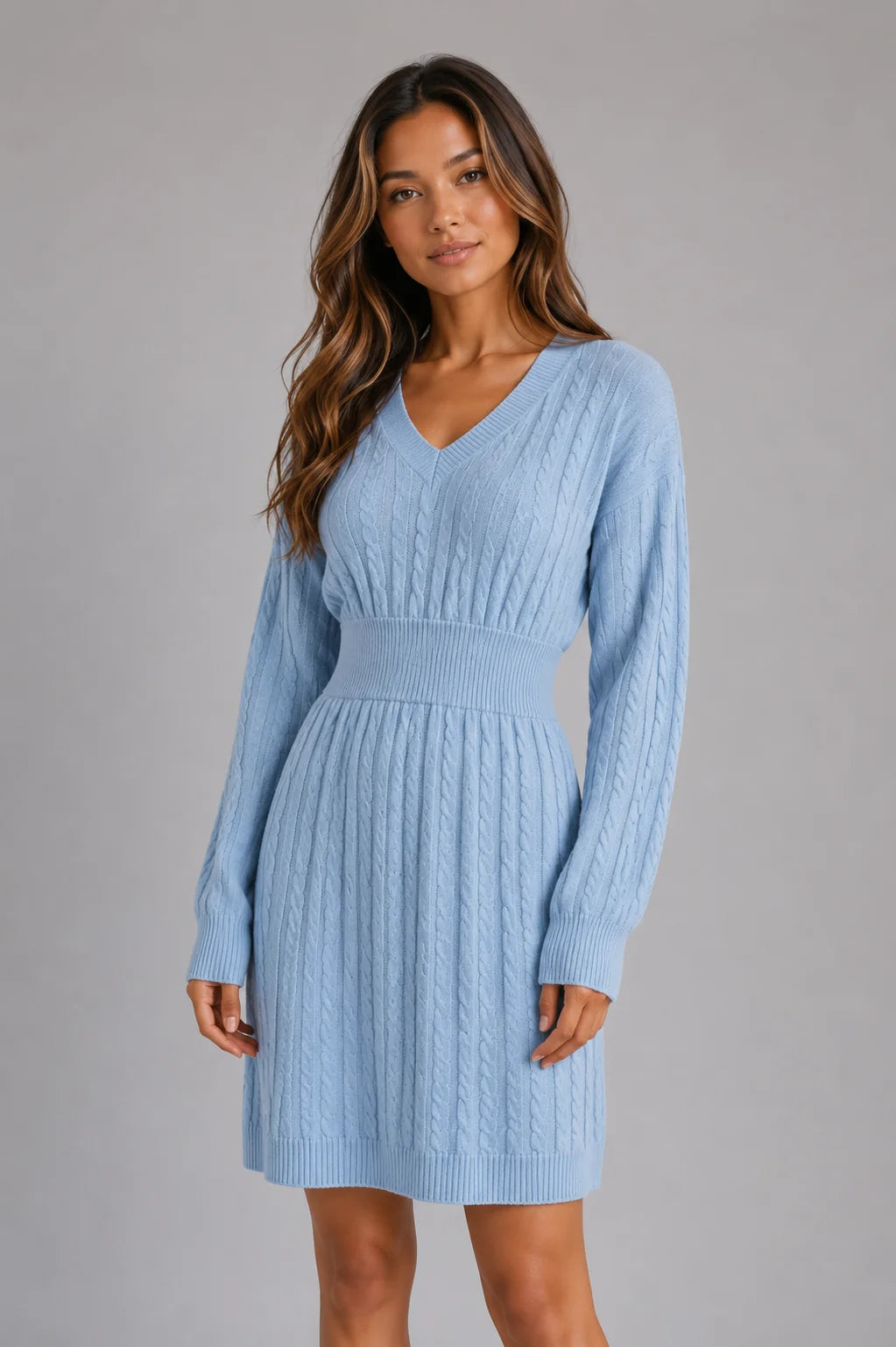 Women's knitted midi dress with V-neckline and textured cable design throughout