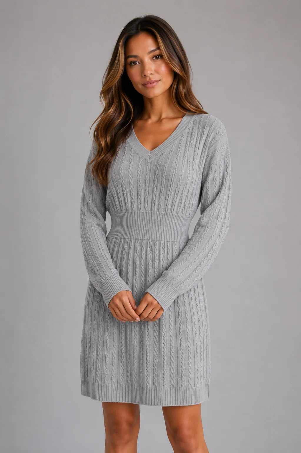Full-length view of cable knit midi dress with long sleeves and ribbed cuffs