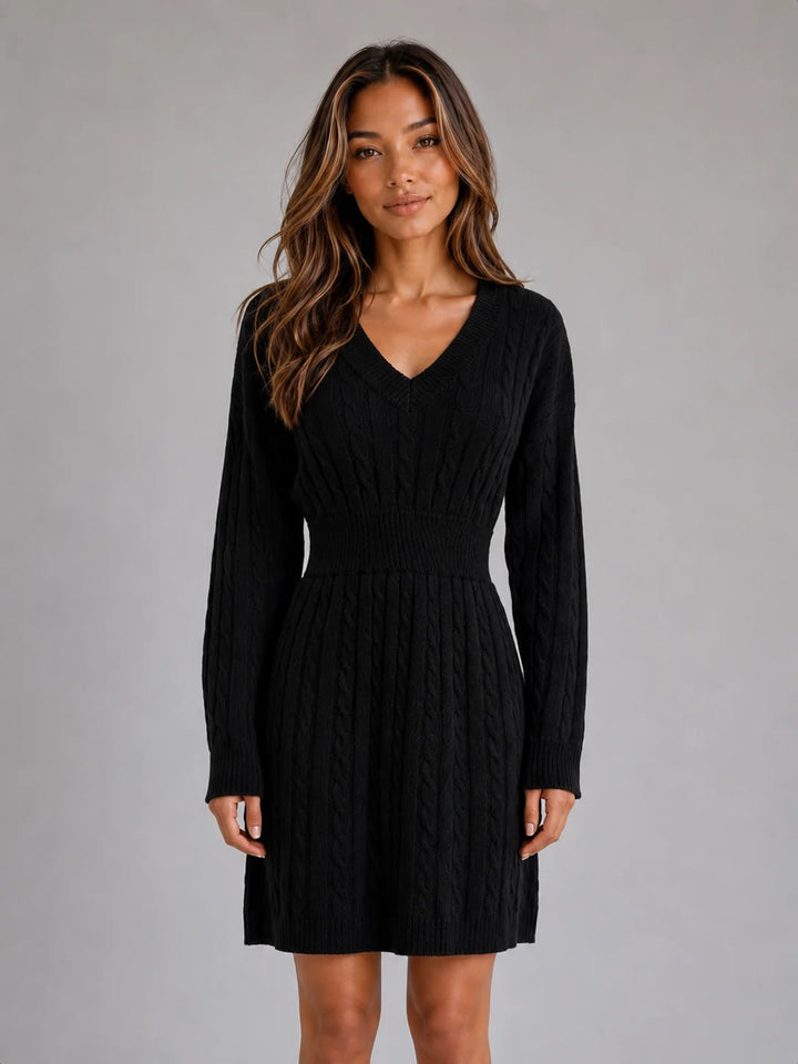 Detail shot of shirred waist and cable knit pattern on midi dress