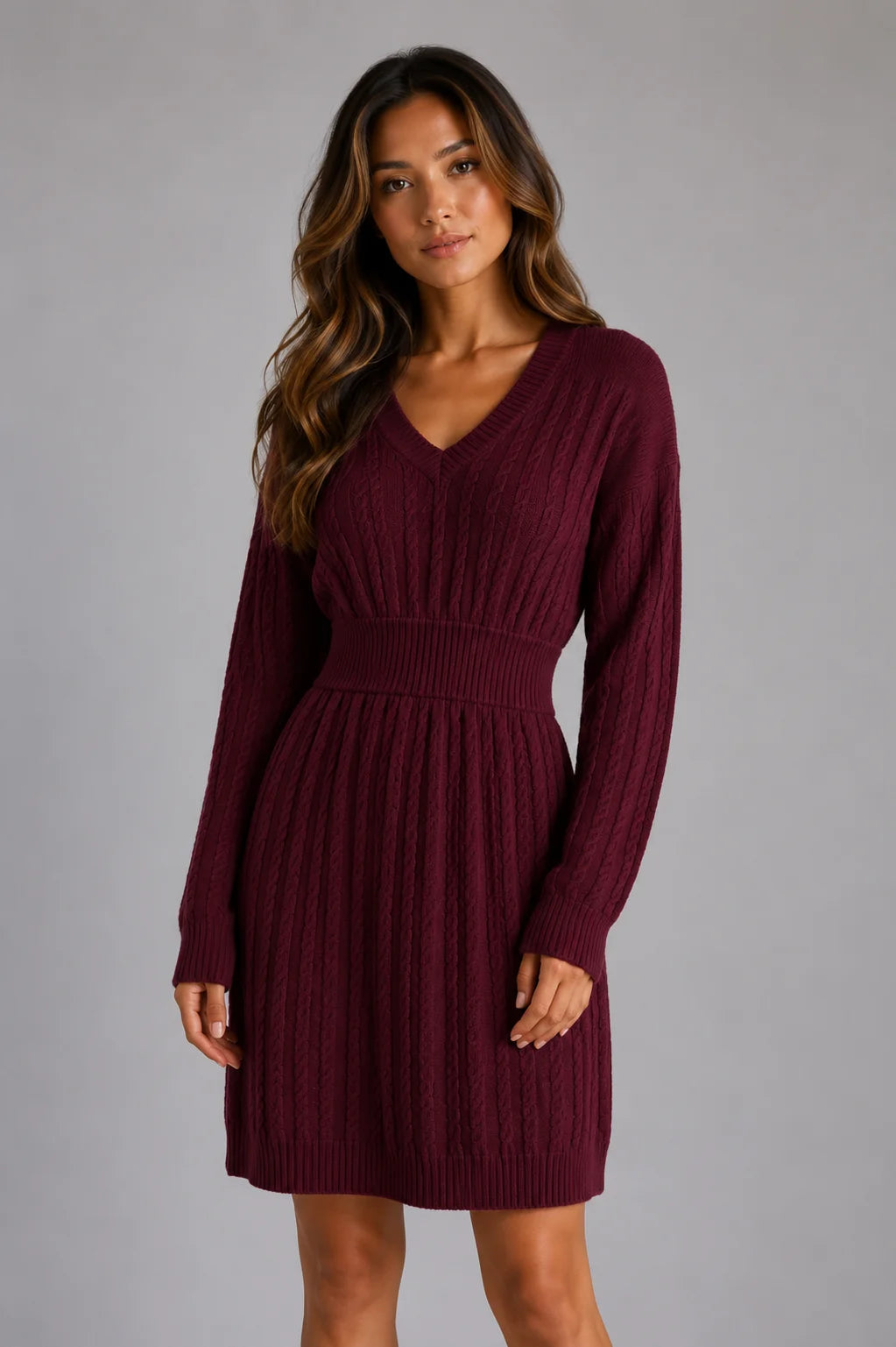 Back view of V-neck cable knit midi dress showing ribbed hem finish