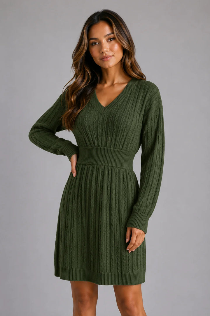 Cable knit midi dress in beige worn with relaxed fit and feminine silhouette