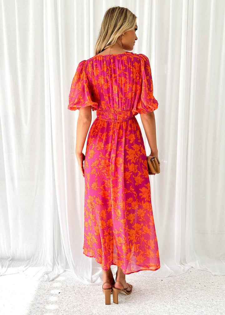 Pink and orange floral V neck maxi dress with relaxed fit and puff sleeves