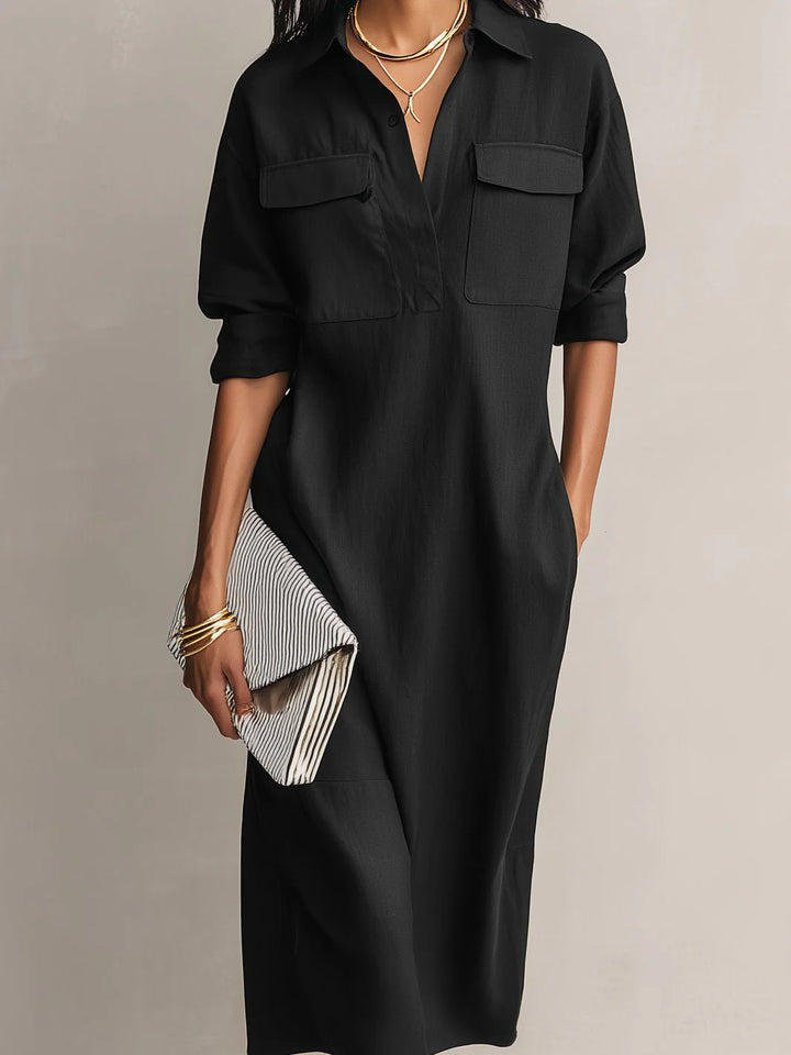 Full-length view of women's midi shirt dress styled with heeled sandals and clutch