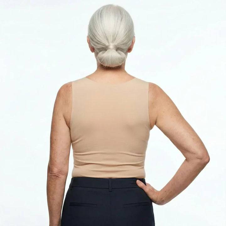 Close-up of soft stretch fabric on fitted square neck tank top