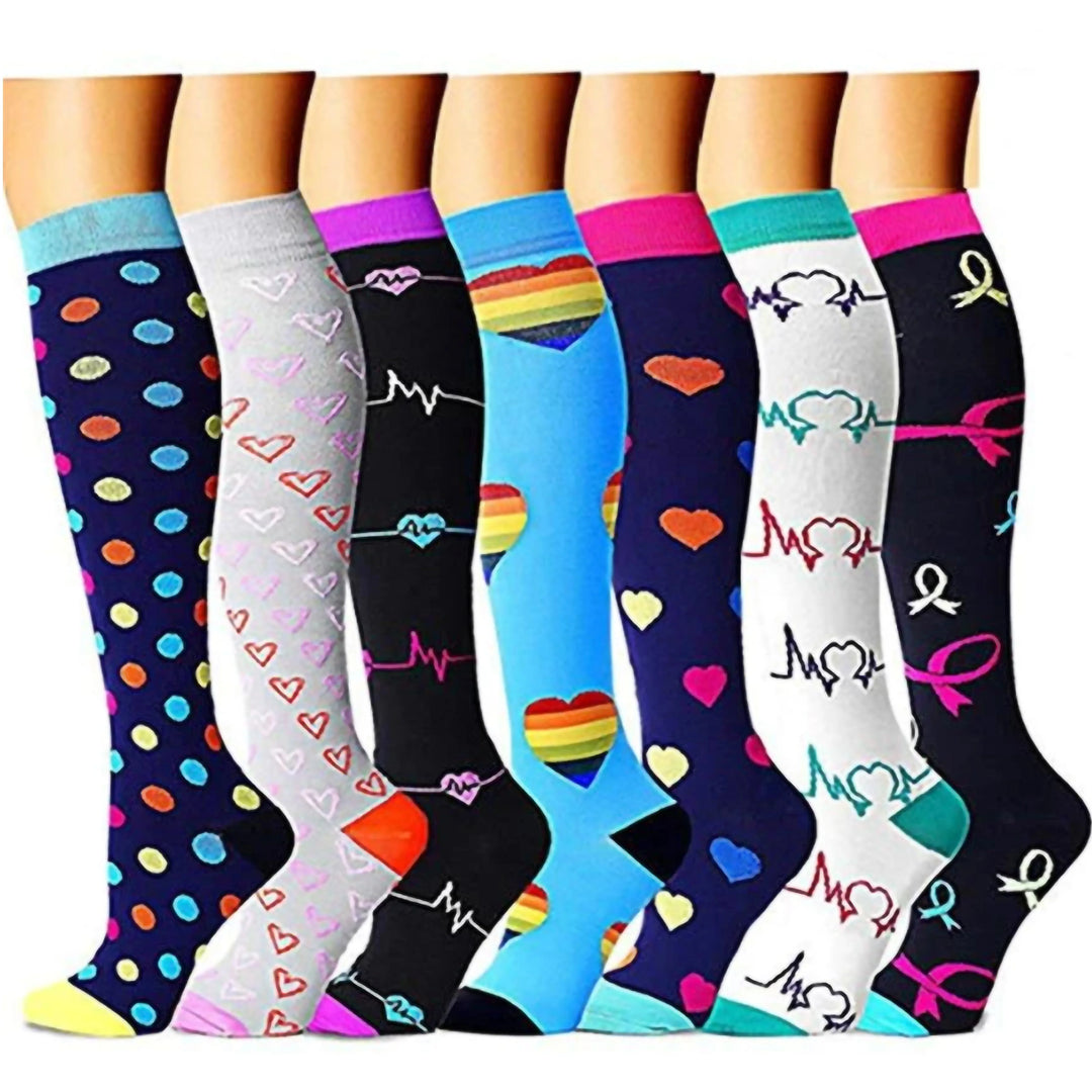 Men's Quality Compression Socks in vibrant patterns including polka dots, hearts, rainbow stripes, and heartbeat motifs with contrast-colour cuffs