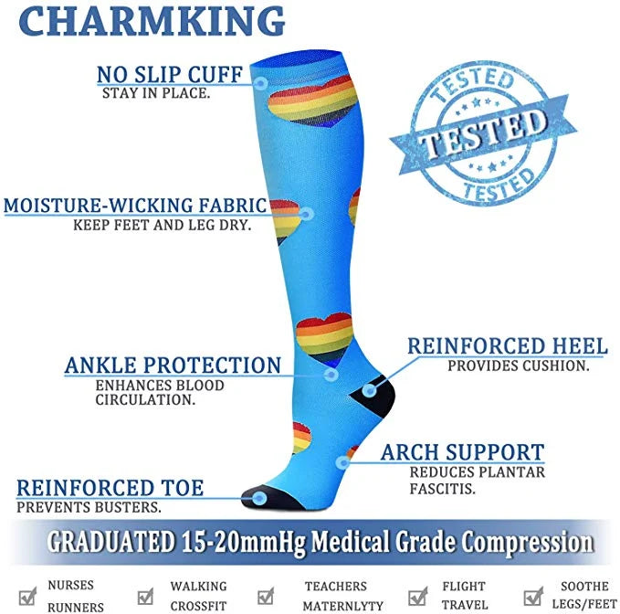 Close-up view of men's knee-high compression socks showing structured knit fabric and colourful pattern details