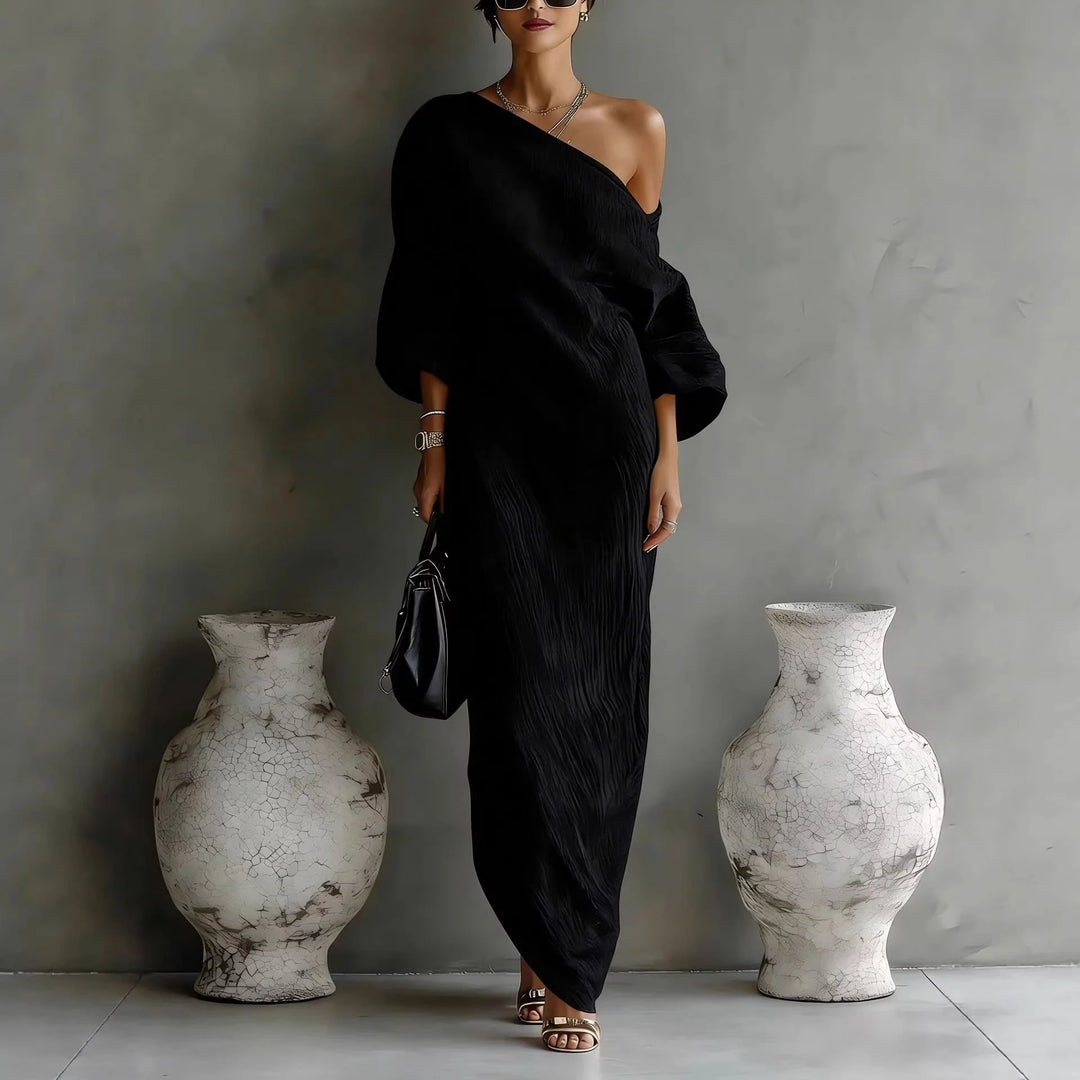 Full-length view of loose-fit maxi dress with side slit and floor-length hem
