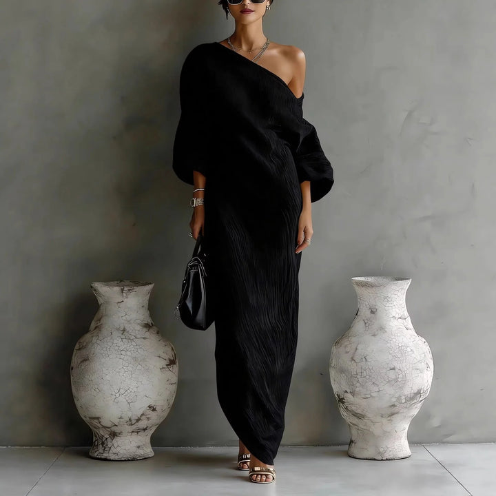 Full-length view of loose-fit maxi dress with side slit and floor-length hem