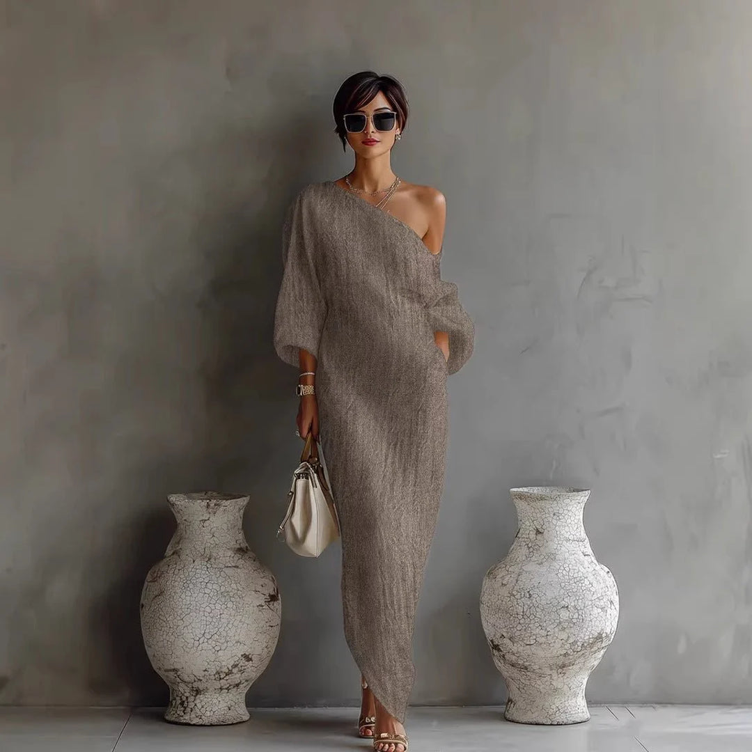 Off-shoulder neckline detail on maxi dress with natural drape and relaxed silhouette